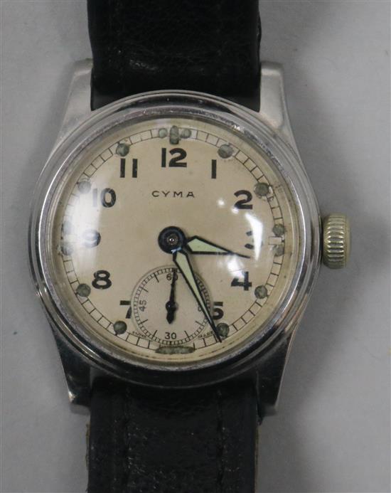 A 1950s boys? size stainless steel Cyma manual wind wrist watch.